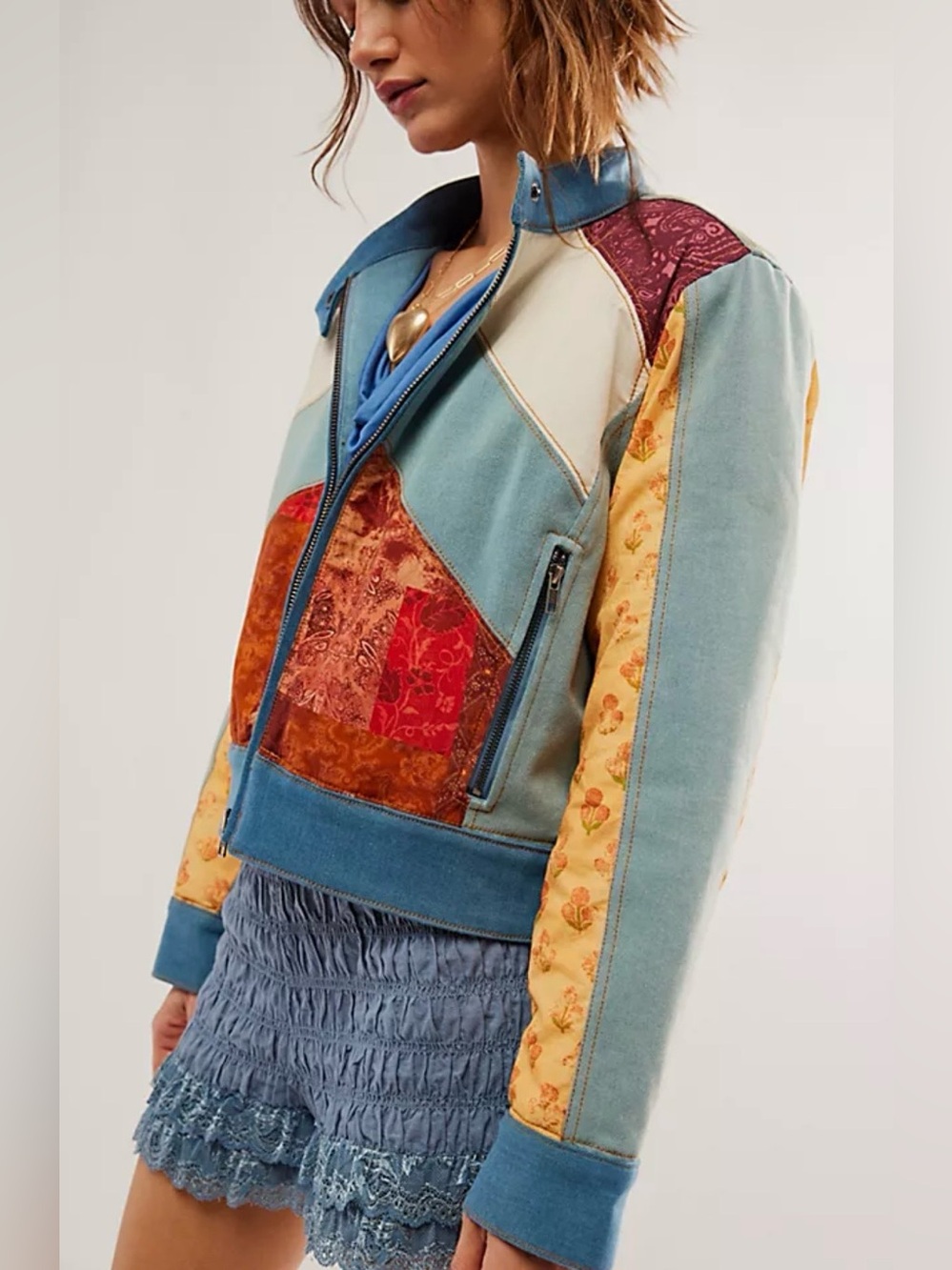 Free People Denim Sunset Patchwork Extravaganza Racer Moto Jacket ‼️RARE‼️ NWT - Picture 3 of 7